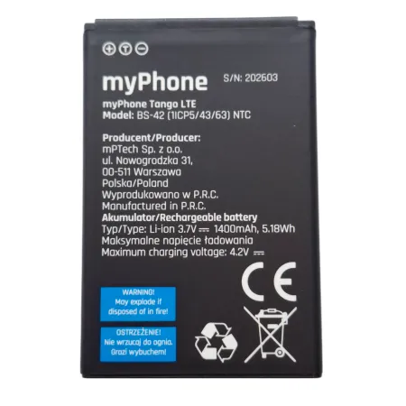 Oryginalna Bateria BS-42 MYPHONE TANGO LTE Oryginalna Bateria BS-42 MYPHONE TANGO LTE