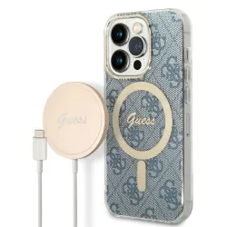 GUESS zestaw do IPHONE 14 Pro kompatybilny z MagSafe GUBPP14LH4EACSB (Bundle Pack / Case + Charger / 4G) złoty niebieski