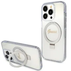 GUESS futerał do IPHONE 15 Pro kompatybilny z MagSafe GUHMP15LHRSGSD (Glitter Script Logo Ring stand) transparentny