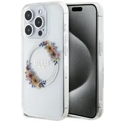GUESS futerał do IPHONE 15 Pro Max kompatybilny z MagSafe GUHMP15XHFWFCT (Flowers Wreath) transparentny