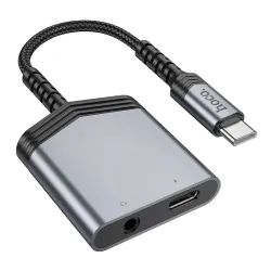 Adapter AUX 2w1 USB C do USB C / Jack 3,5 mm Hoco 27W LS39 szary