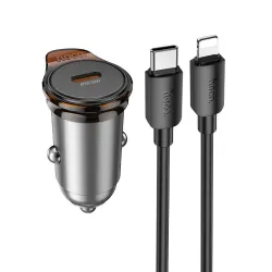 Ładowarka samochodowa Hoco USB C QC PD 30W + kabel USB C do Lightning NZ16 szara