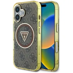 GUESS futerał do IPHONE 16 kompatybilny z MagSafe GUHMP16SHG4PRTGW (IML Metal Glitter 4G Circle Triangle) brązowy