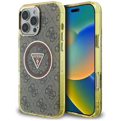GUESS futerał do IPHONE 16 Pro kompatybilny z MagSafe GUHMP16LHG4PRTGW (IML Metal Glitter 4G Circle Triangle) brązowy