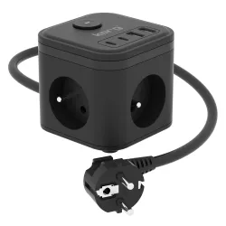 KERG Kostka zasilająca 3-gniazdowa + szybka ładowarka USB-A+USB-C 1,5m 3×1,5mm2 H05VV-F 16A/250V~ Smart czarna