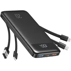 Powerbank 5V 3A 10000 mAh z wbudowanymi kablami USB A / USB C / Lightning / Micro USB Charmast W1148 czarny OINT