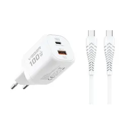 Ładowarka sieciowa do telefonu VEGER USB A + Typ C PD Super Charge PPS 100W + kabel Typ C do C 240W TR150 biała