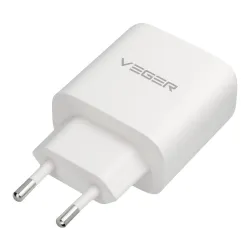 Ładowarka sieciowa do telefonu VEGER USB A + Typ C PD QC3.0 3,25A 65W + kabel USB C do USB C TR67 biała