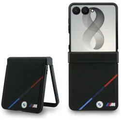 BMW futerał do SAMSUNG GALAXY Z FLIP 8 kompatybilny z MagSafe (Leather Perforated Tricolor Stripe Metal Logos) czarny