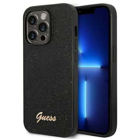 GUESS futerał do IPHONE 14 Pro GUHCP14LHGGSHK (Glitter Flakes Script Metal Logo) czarny