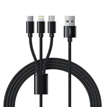 Kabel 3w1 USB A do Lightning / Typ C / Micro USB VEGER 2,4A 18W V303 1,5 m czarny