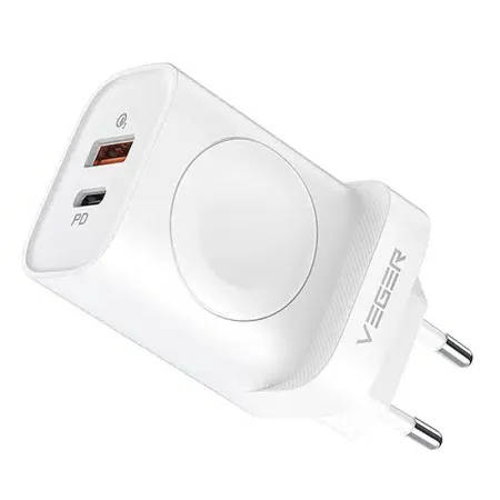 Ładowarka sieciowa do telefonu VEGER USB A + Typ C + ładowarka indukcyjna kompatybilna z Apple Watch PD QC3.0 3A 25W W002E biała