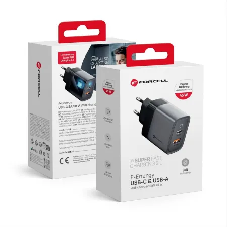 Ładowarka sieciowa do telefonu Forcell F-Energy GaN USB C + USB A QC4.0 PD 4A 45W VT-39 szara