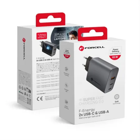 Ładowarka sieciowa do telefonu Forcell F-Energy GaN 2 x USB C + USB A QC4.0 PD 4A 65W VT-42B szara