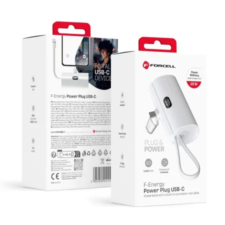 Powerbank Forcell F-Energy Power Plug F5K3 PD 20W 5000 mAh z wbudowanym złączem USB C biały