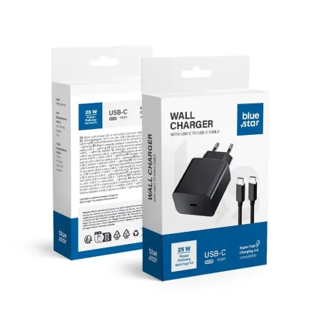 Ładowarka sieciowa do telefonu Blue Star USB C QC4.0 PD 3A 25W + kabel USB C do USB C TFB-TC-25WPD czarna