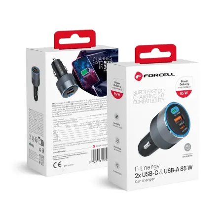 Ładowarka samochodowa Forcell F-Energy Alu 2 x USB C + USB A QC4.0 PD SFC2.0 3A 85W szara