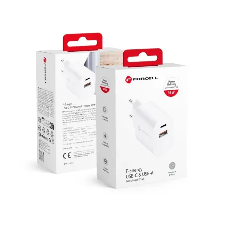 Ładowarka sieciowa do telefonu Forcell F-Energy USB C + USB A QC4.0 PD 3A 35W TFK-TC-35WPD biała
