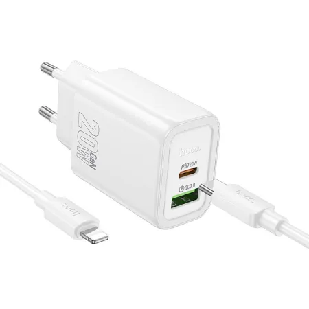Ładowarka sieciowa do telefonu Hoco USB A + USB C QC3.0 PD 3A 20W + kabel USB C do Lightning N61 biała