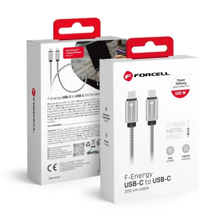 Kabel USB-C do USB-C Forcell F-Energy QC4.0 PD 5A 100W E-Mark Metal 2 m C239 srebrny