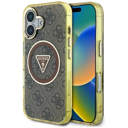 GUESS futerał do IPHONE 16 kompatybilny z MagSafe GUHMP16SHG4PRTGW (IML Metal Glitter 4G Circle Triangle) brązowy