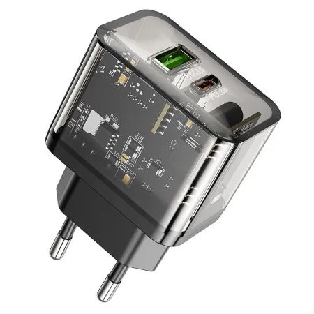 Ładowarka sieciowa do telefonu Hoco USB A + USB C QC3.0 PD 3A 20W N34 transparentna