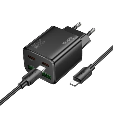 Ładowarka sieciowa do telefonu Hoco 2 x USB C + 2 x USB A QC3.0 PD 3A 30W + kabel USB C do Lightning N56 czarna