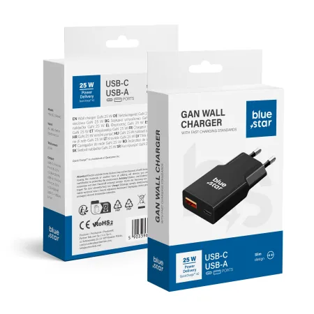 Ładowarka sieciowa do telefonu Blue Star Slim GaN USB C + USB A QC4.0 PD 3A 25W TFK-SC-25WAC czarna