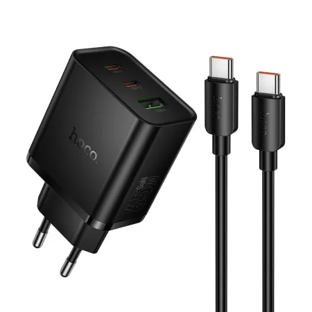 Ładowarka sieciowa do telefonu Hoco 2x USB C + USB A QC3.0 PD 3A 65W + kabel USB C do USB C N75 czarna