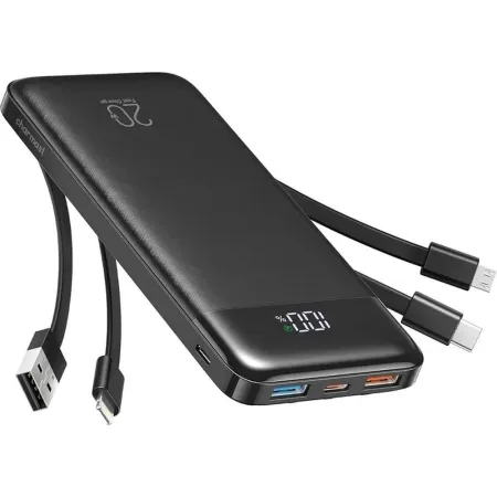 Powerbank 5V 3A 10000 mAh z wbudowanymi kablami USB A / USB C / Lightning / Micro USB Charmast W1148 czarny OINT