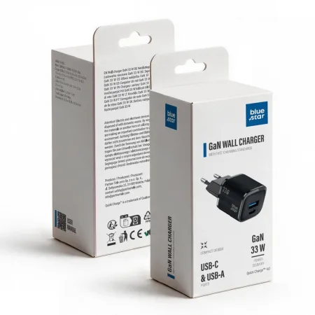 Ładowarka sieciowa do telefonu Blue Star Nano GaN USB C + USB A QC4.0 PD 3A 33W VT-332 czarna