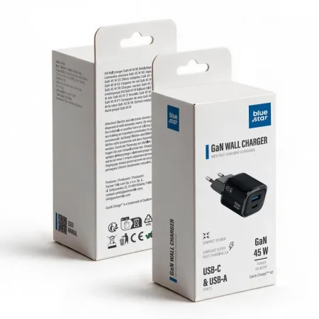 Ładowarka sieciowa do telefonu Blue Star Nano GaN USB C + USB A QC4.0 PD 3A 45W VT-334 czarna