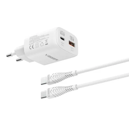 Ładowarka sieciowa do telefonu VEGER USB A + Typ C PD Super Charge PPS 45W + kabel Typ C do C 100W TR101 biała