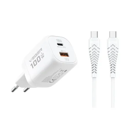 Ładowarka sieciowa do telefonu VEGER USB A + Typ C PD Super Charge PPS 100W + kabel Typ C do C 240W TR150 biała