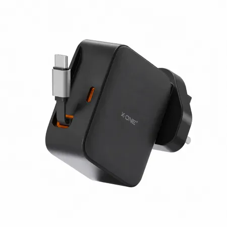 Ładowarka sieciowa X-ONE ChargeGo GaN 65W ze zwijanym kablem USB C i portem typ C - czarna