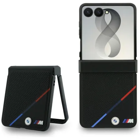 BMW futerał do SAMSUNG GALAXY Z FLIP 8 kompatybilny z MagSafe (Leather Perforated Tricolor Stripe Metal Logos) czarny