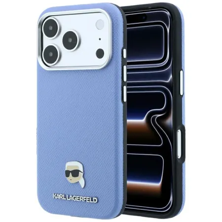 KARL LAGERFELD futerał do IPHONE 18 Pro/ 17 Pro kompatybilny z MagSafe (Grained Karl Head Metal) jasno niebieski