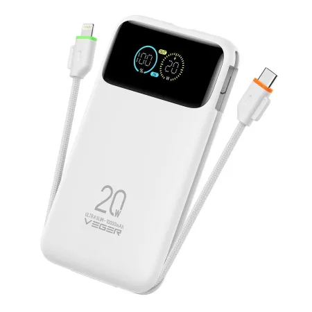 Powerbank Veger Fuerza 10 (W1212B) PD 20W 10000 mAh z wbudowanymi kablami Typ C / Lightning biały